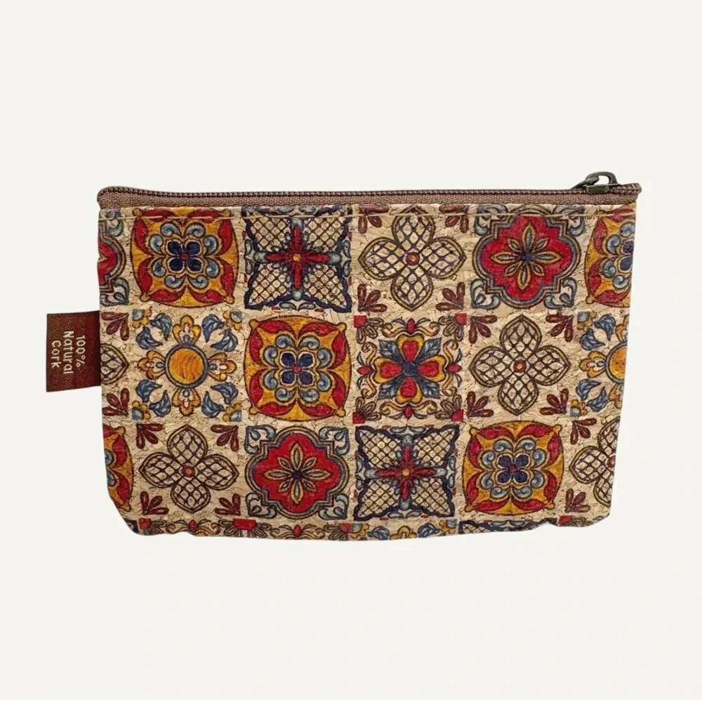 Unbranded‎ 100% Natural Cork Coin Purse OS Brown Mosaic Print Boho Eco Friendly